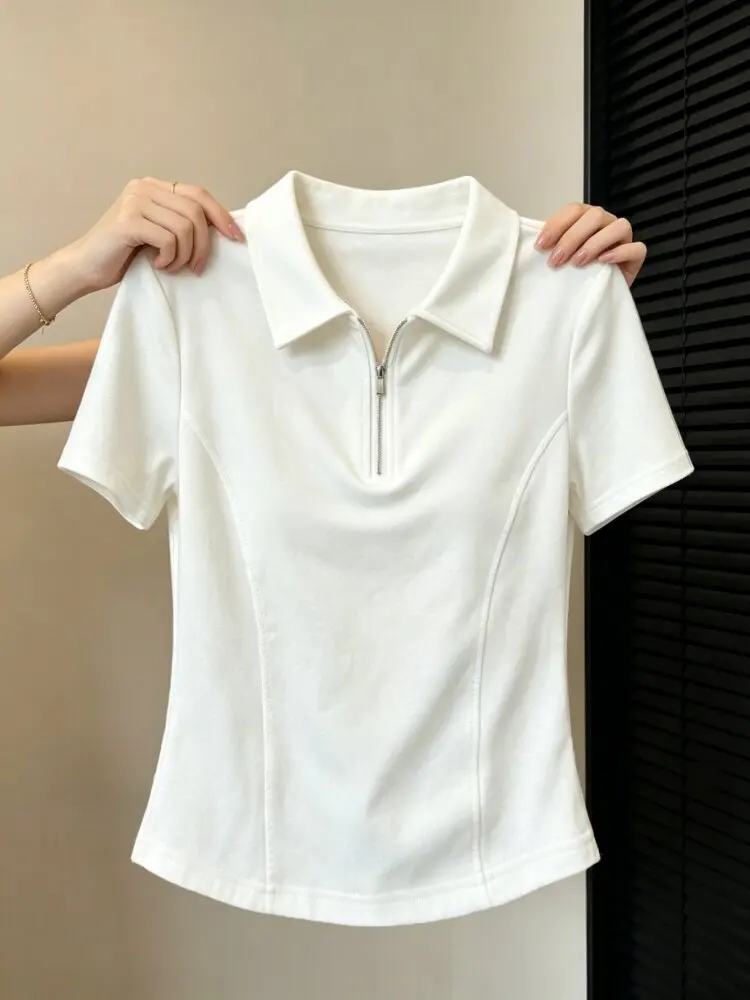 Summer New Women's Slim Fit  Neck Zipper Short Sleeve T-Shirt 95 Cotton Big Size plus Size Fishbone Top Casual Simple Style
