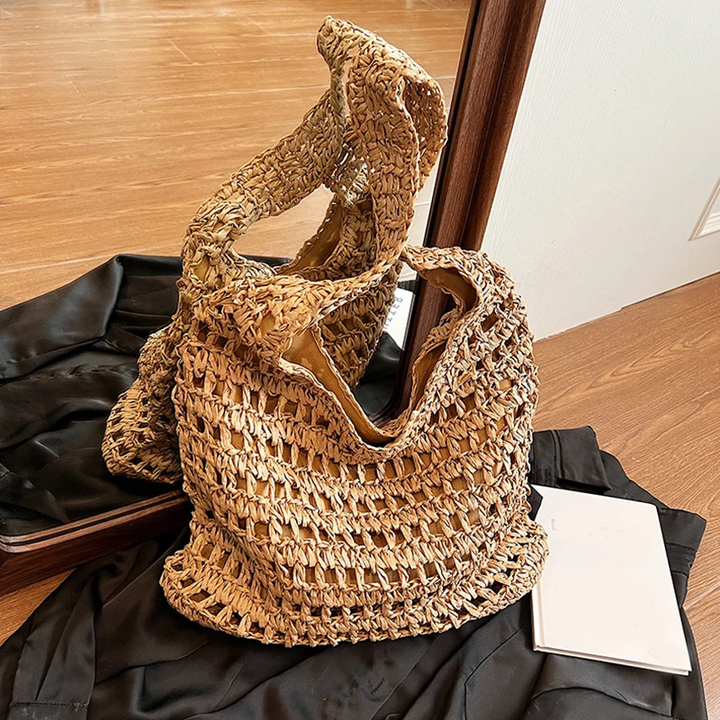 Summer Women Beach Tote Handbags Rattan Crochet Shoulder Bag Casual Commute Bag Vintage Straw Woven Bag