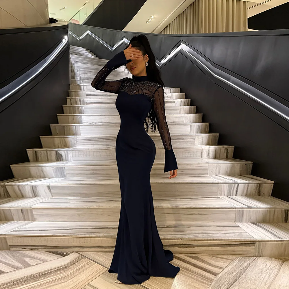 

MOLISA Customized High Quality Floor Length Full Sleeves Black Sexy A-line High Collar Zipper Cocktail Prom Dresses Vestido