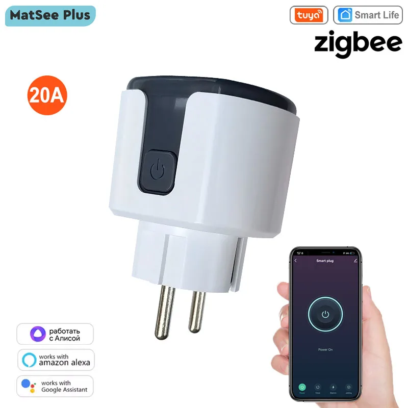 Tuya inteligente zigbee ue frança tomada de alimentação 20a soquete kwh monitor energia eletricidade cronometragem controle remoto suporte alexa google casa