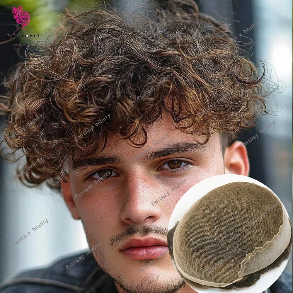Natural Man's 25mm Loose Curly Invisible Bleached Knots Remy Human Hair Brown Blonde #22r#18 Q6 Swiss Lace Front Base Men Toupee