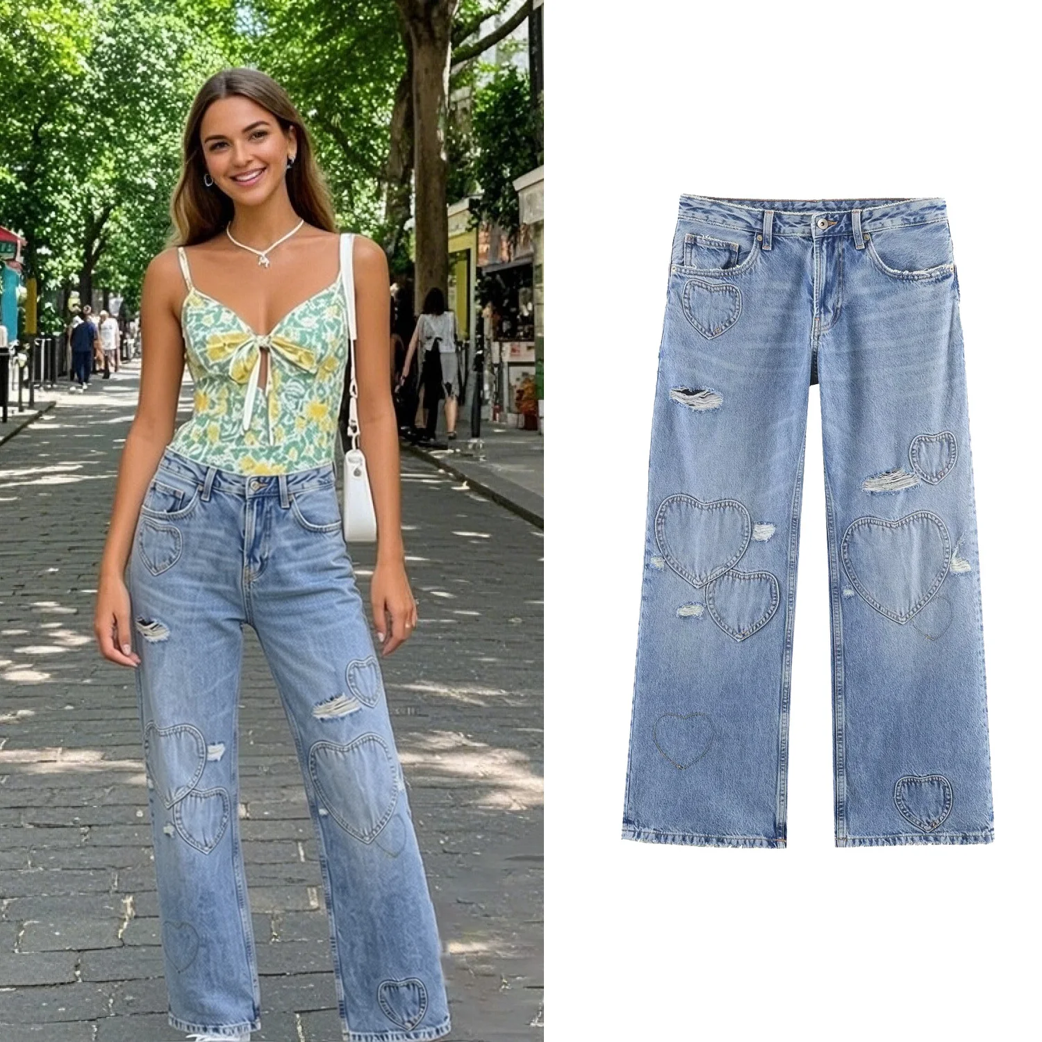 

Women's High Waist Wide Leg Denim Jeans Spring Summer 2026 Female Long Jeans Chic Lady Heart Shaped Pattern Ripped Jeans