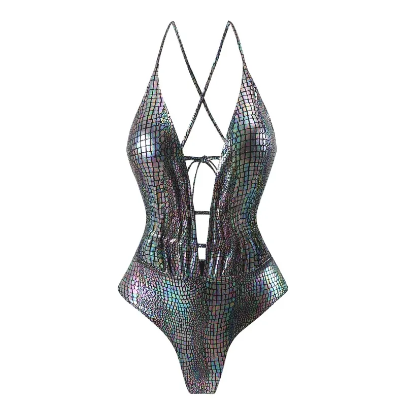 

Womens Rave Wear One Piece Bodysuit Snakeskin Print Sexy Leg Rings Swimsuit for Festival Dance Rave Clothing