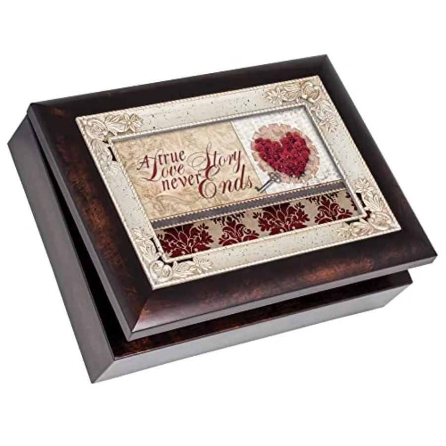 

A True Love Story Never Ends Red Burlwood Jewelry Music Box Plays Unchained Melody