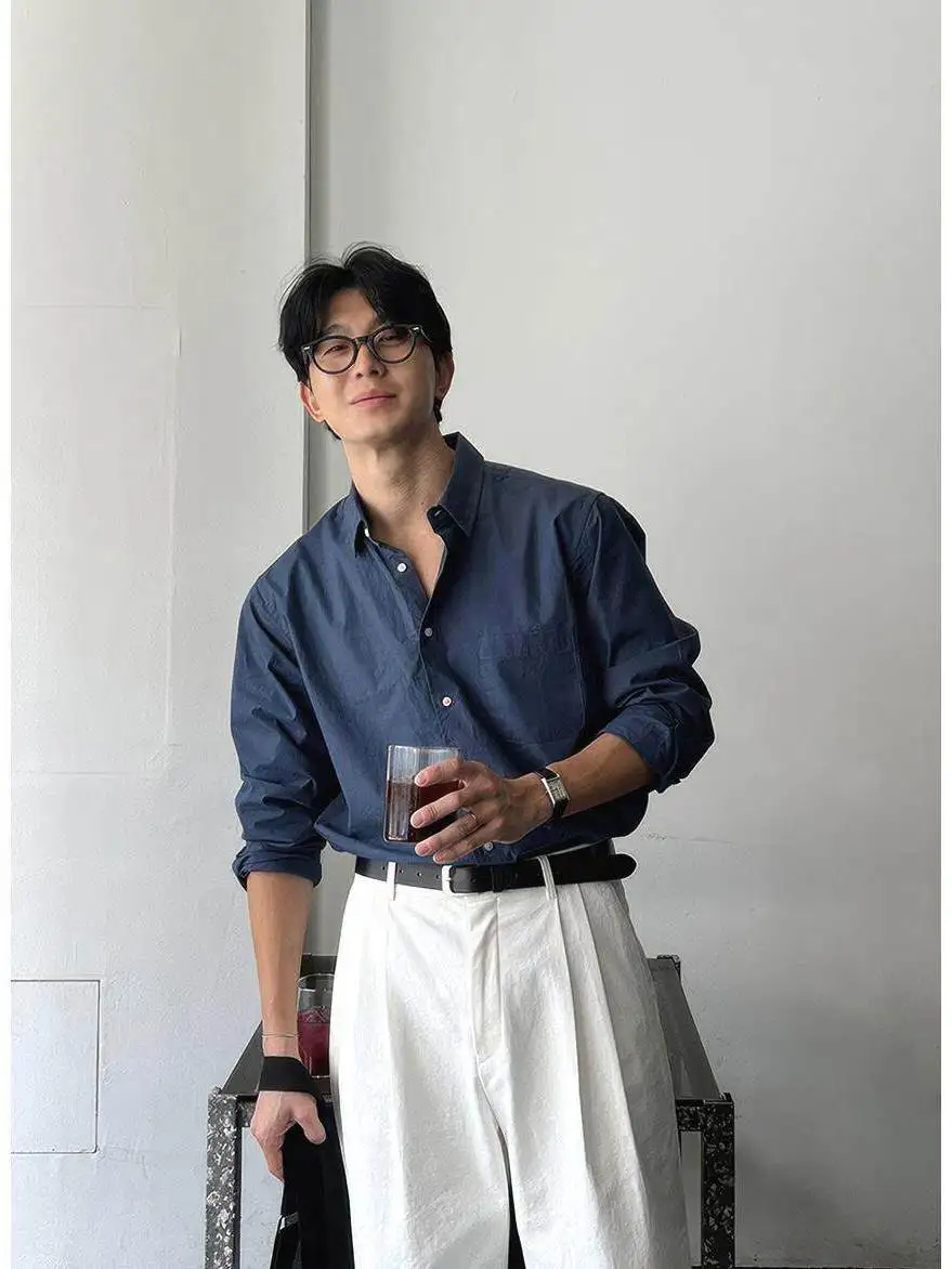 

American Vintage Cotton Linen Men's Loose Long Sleeve Shirt Wrinkles Texture Feeling Workwear Shirt Citywalk Standard Fit Pol...