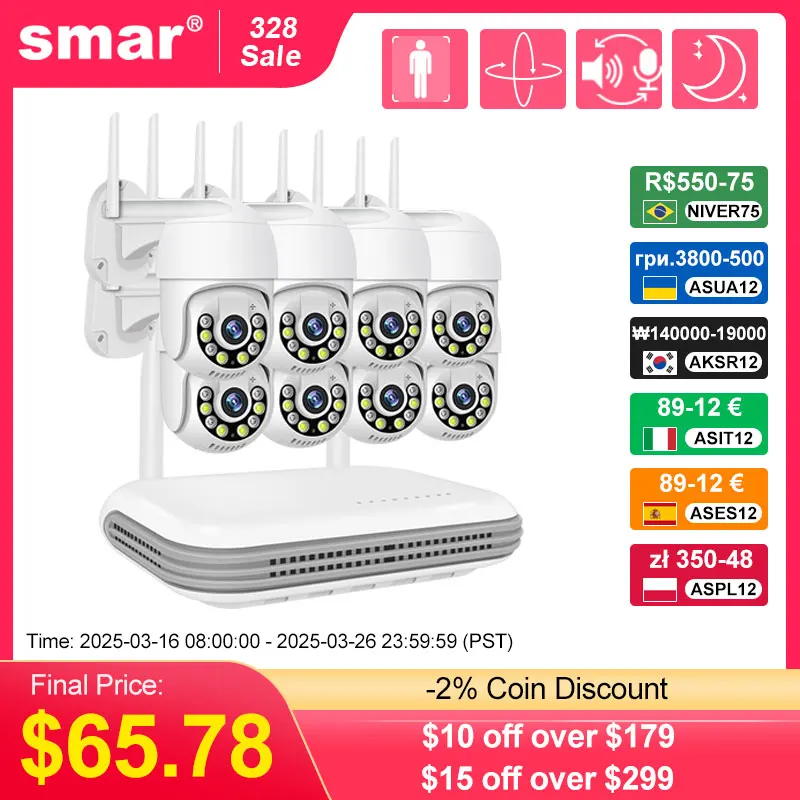 Smar Wireless Camera System 8CH 3MP Outdoor PTZ Camera Kit CCTV AI Human Detect Color Night Vision Video Surveillance Set ICsee