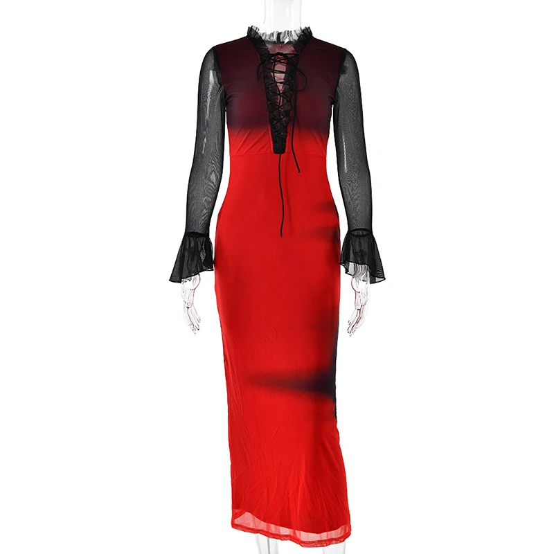 Sifreyr Tie Dye Frauen Maxi kleid Mode Rüschen schiere Mesh Patchwork V-Ausschnitt Bandage Bodycon lange Kleider Robe sexy Party Vestido