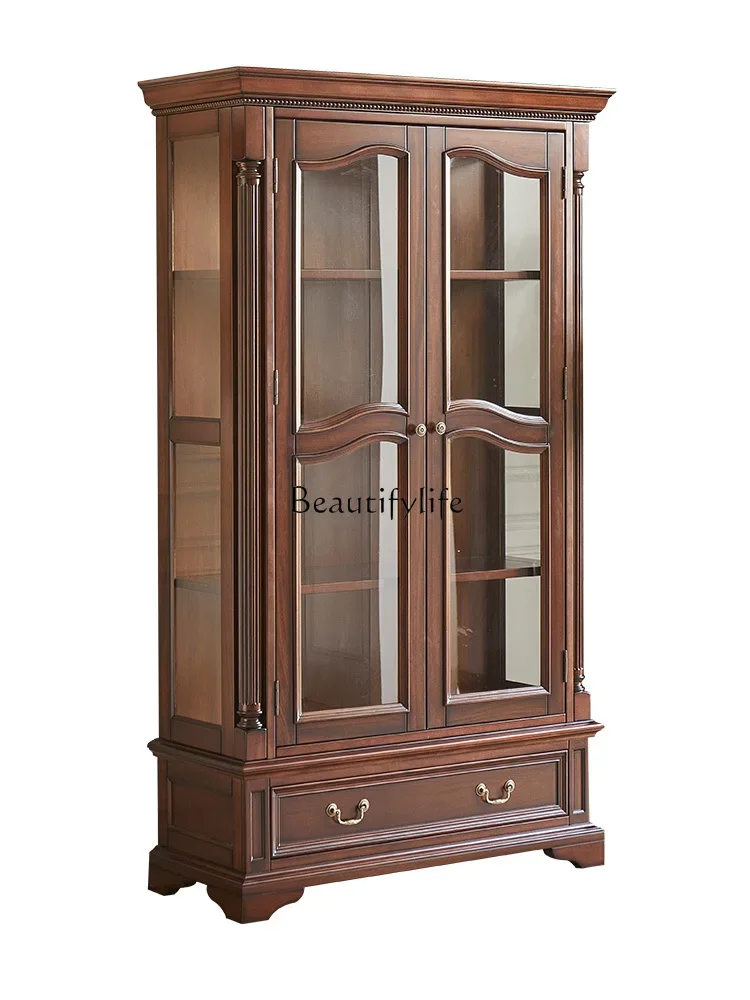 

LAmerican-style Solid Wood High Wine Cabinet with Double Glass Doors for Home Living Room Wall-mounted Storage Cabinet