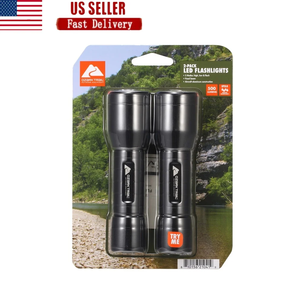 

500 Lumen LED Flashlight Set 2 Pack Water Resistant Durable Design 3 Brightness Settings 7 Hours Battery Life Easy Grip Ideal
