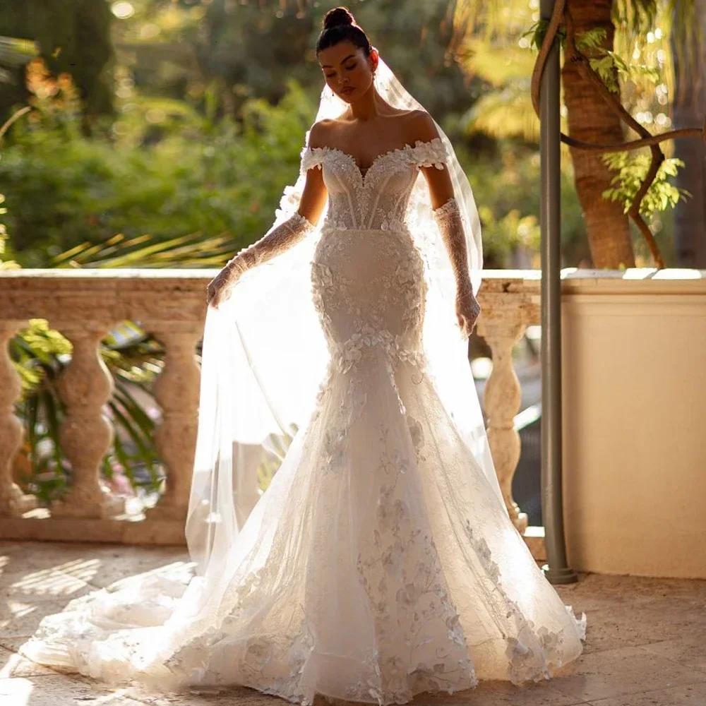 Flavinke Abiti da sposa a sirena di lusso personalizzati con spalle scoperte Abiti da sposa con paillettes in pizzo con perline Palazzo Vestido De Novia