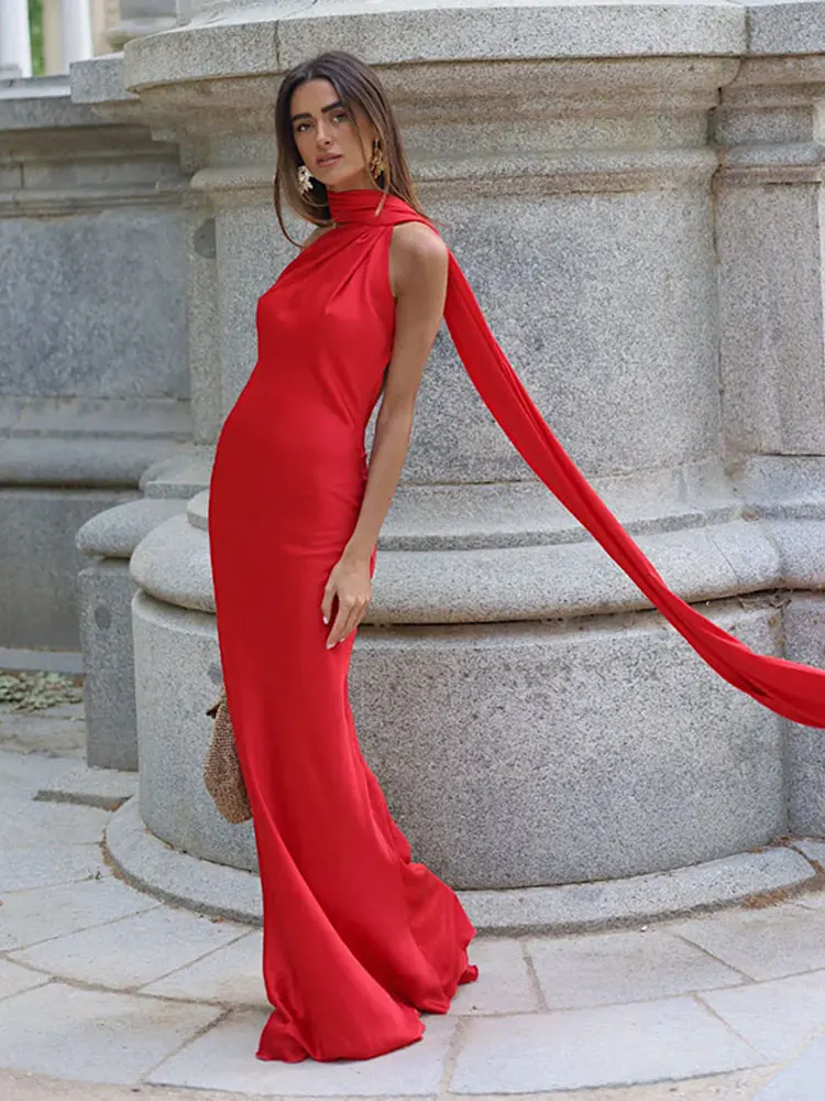 Elegancka Sukienka Wieczorowa Damska z Długiej Satyny z Wstążką, Bez Pleców, Bez Rękawów, na Ramiączkach, Sukienki Damskie na Lato 2025, Suknie Wieczorowe