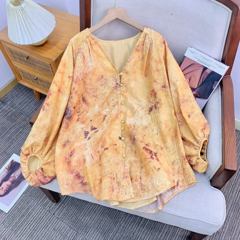 

New Chinese Sle Embroidered irt Coat Lantern Sve Loose Fit Cotton Women's Open Cardigan V-ne Long Sve