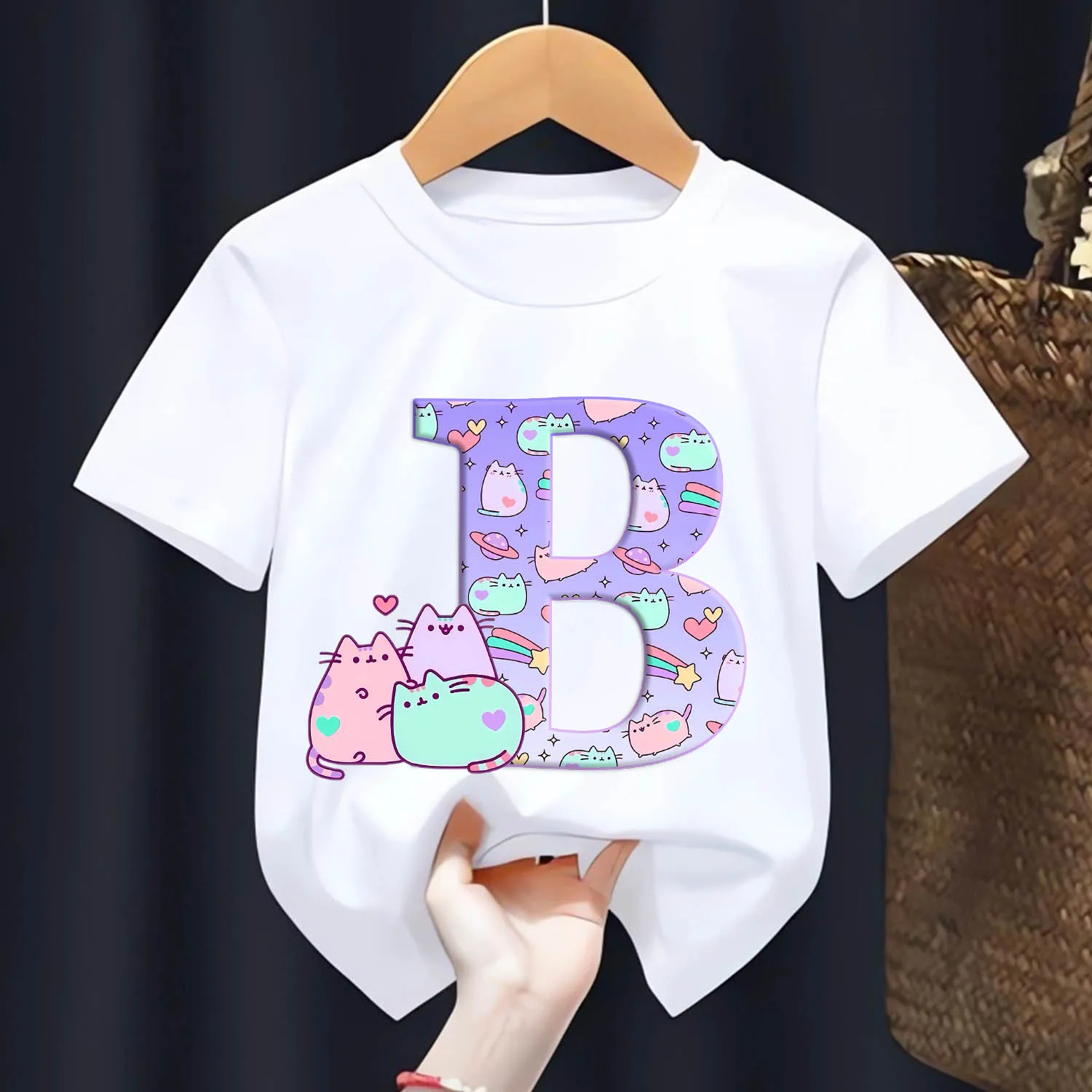 Pusheen Cat T-shirt for Children Letter A-Z Tee Top Cute Cartoon Anime Clothes New White Clothing Fashion Kids Round Collar Gift