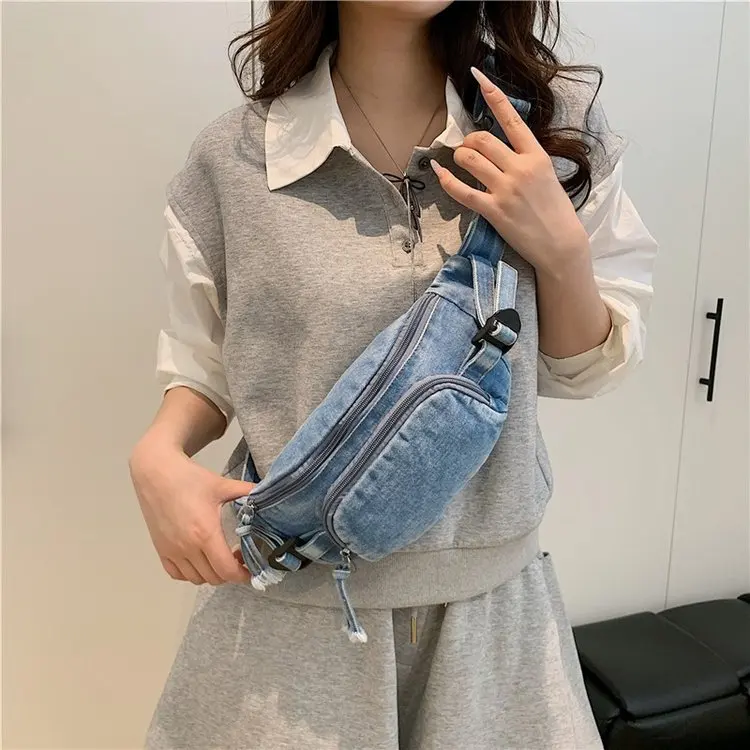レトロデニムクロスボディバッグ女性用シンプルスポーティ携帯電話バッグ軽量カジュアル餃子型ジッパー開閉