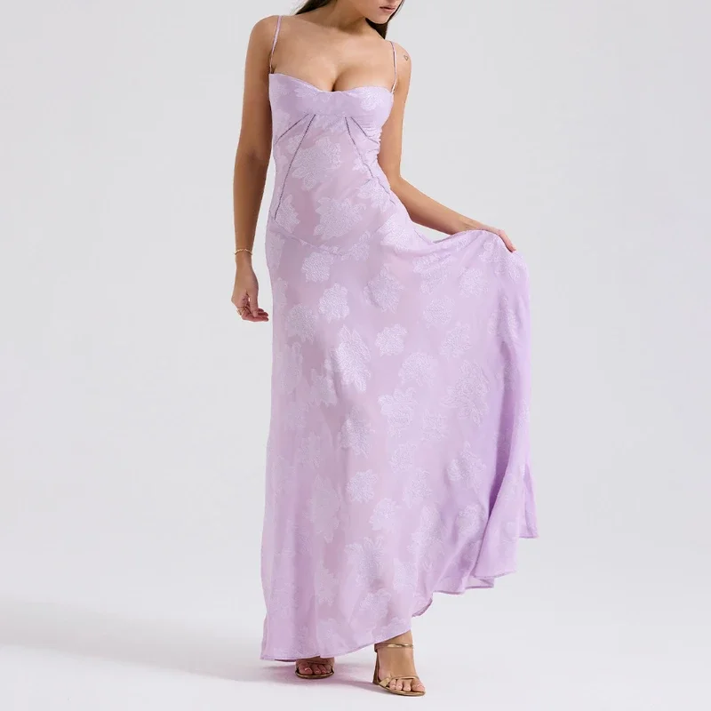 2025 Women Sexy Backless Sleeveless Off Shoulder Dress Floral Print Wrap Waist Summer Dress Long Robe Elegant Vestidos