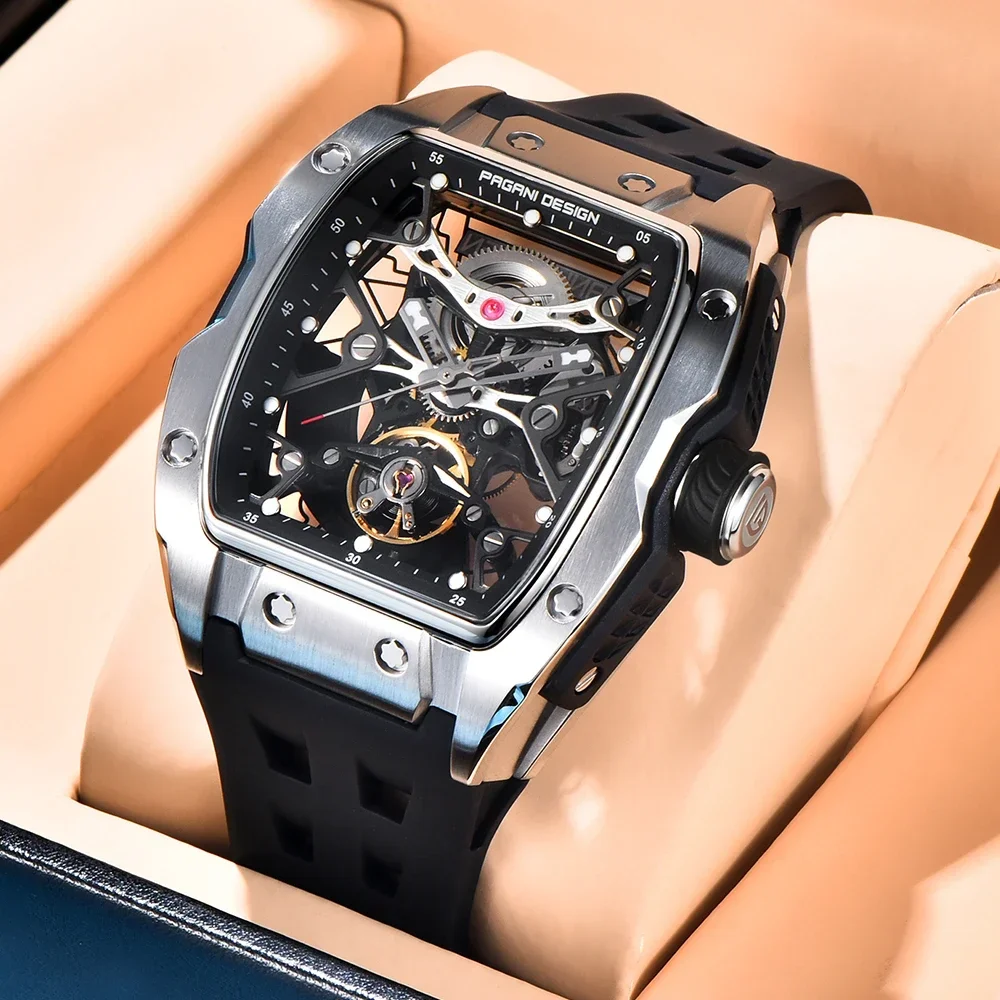 2025 nuovo design pagani da uomo scheletro orologio di fascia alta in gomma starp impermeabile luminoso tendenza della moda orologio meccanico automatico.