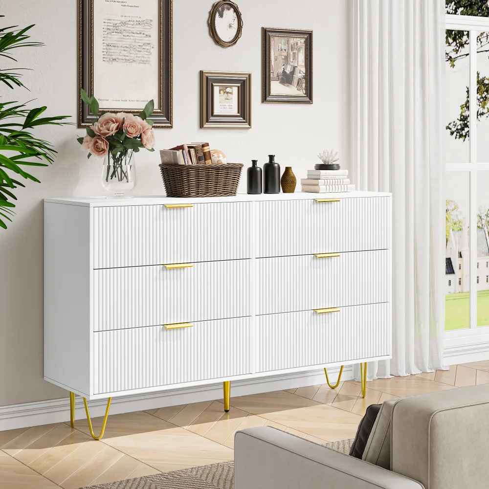 Modern White 6 Drawers for Bedroom Big Size Wide Chest of Drawers Gold Handles Wood Double Dresser Storage Cabinet Living Room