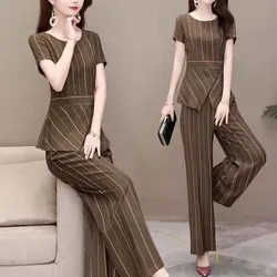 Striped Fashion Wide Leg Pants Women's Round Neck Short Sleeve Asymmetrical 2023 Summer New Korean Slim Patchwork Two Piece Sets