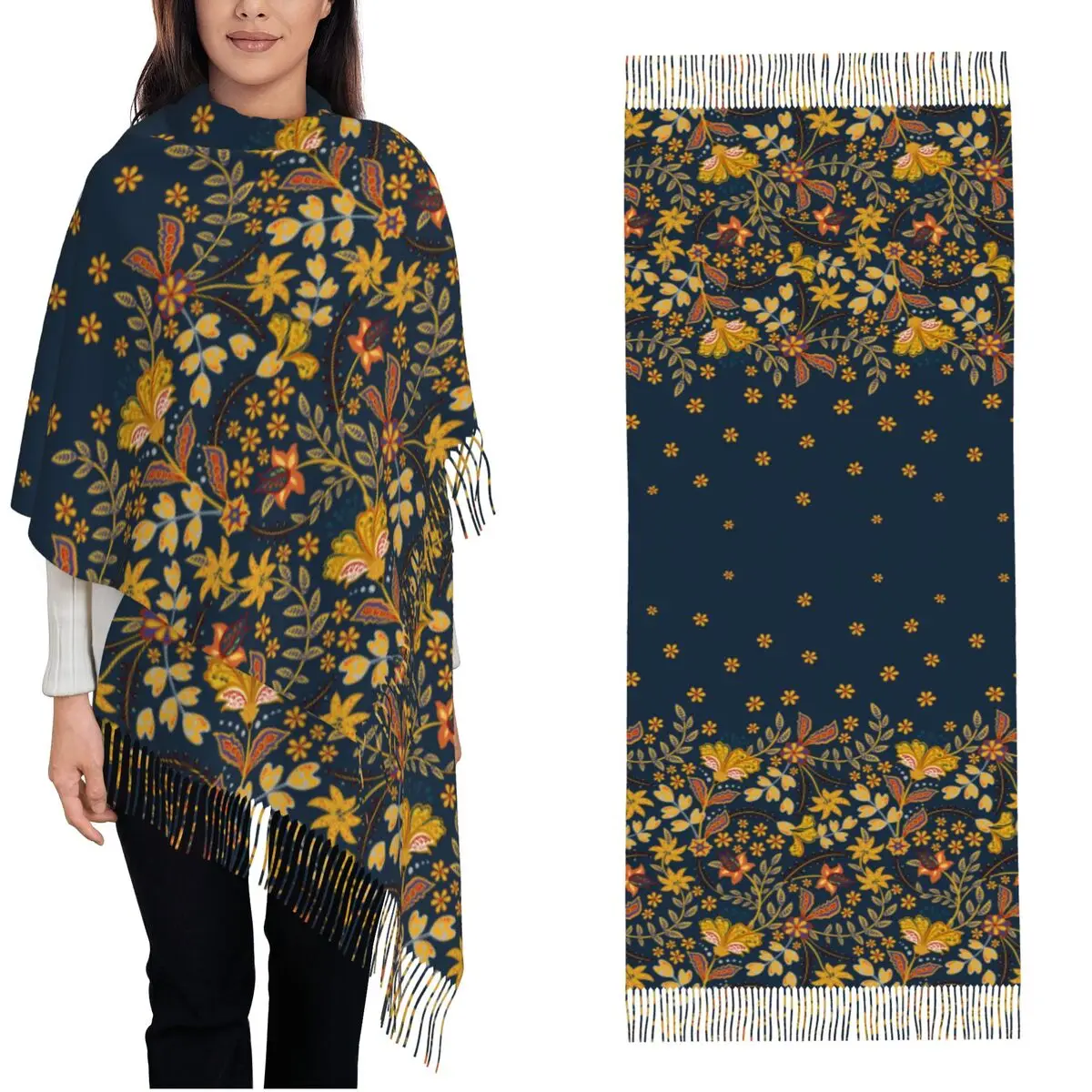 Womens Tassel Scarf Elegant Gold Flower Aesthetic Large Shawl and Wrap Luxury Golden Floral Daily Wear Cashmere Scarf