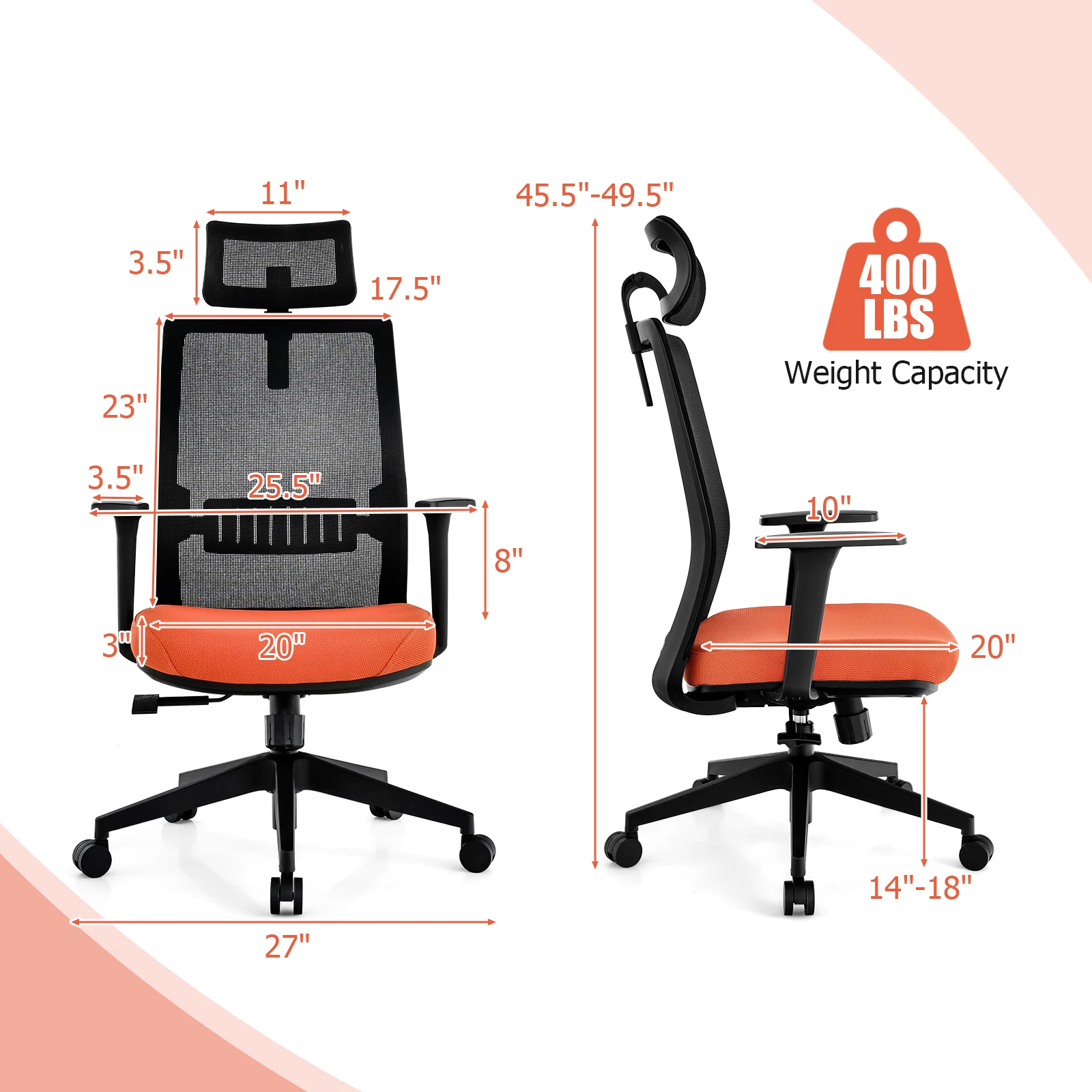 Mesh Office Chair Big Tall Ergonomic Executive Chair Height Adjustable 400 lbs