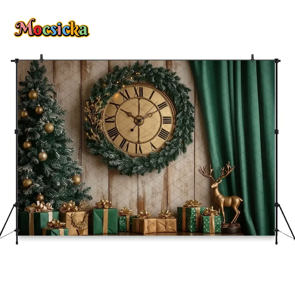 Mocsicka عيد الميلاد ساعة جدار خلفية التصوير الفوتوغرافي شجرة عيد الميلاد الذهبي الأيائل هدية صندوق خلفية الشتاء السنة الجديدة الأسرة استوديو الصور