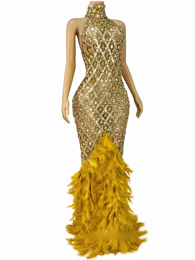 Wysokiej jakości sukienka z elastycznego materiału z piórami i dżetami, seksowna, z odkrytymi plecami, nowa moda 2025, odzież damska na zamówienie.