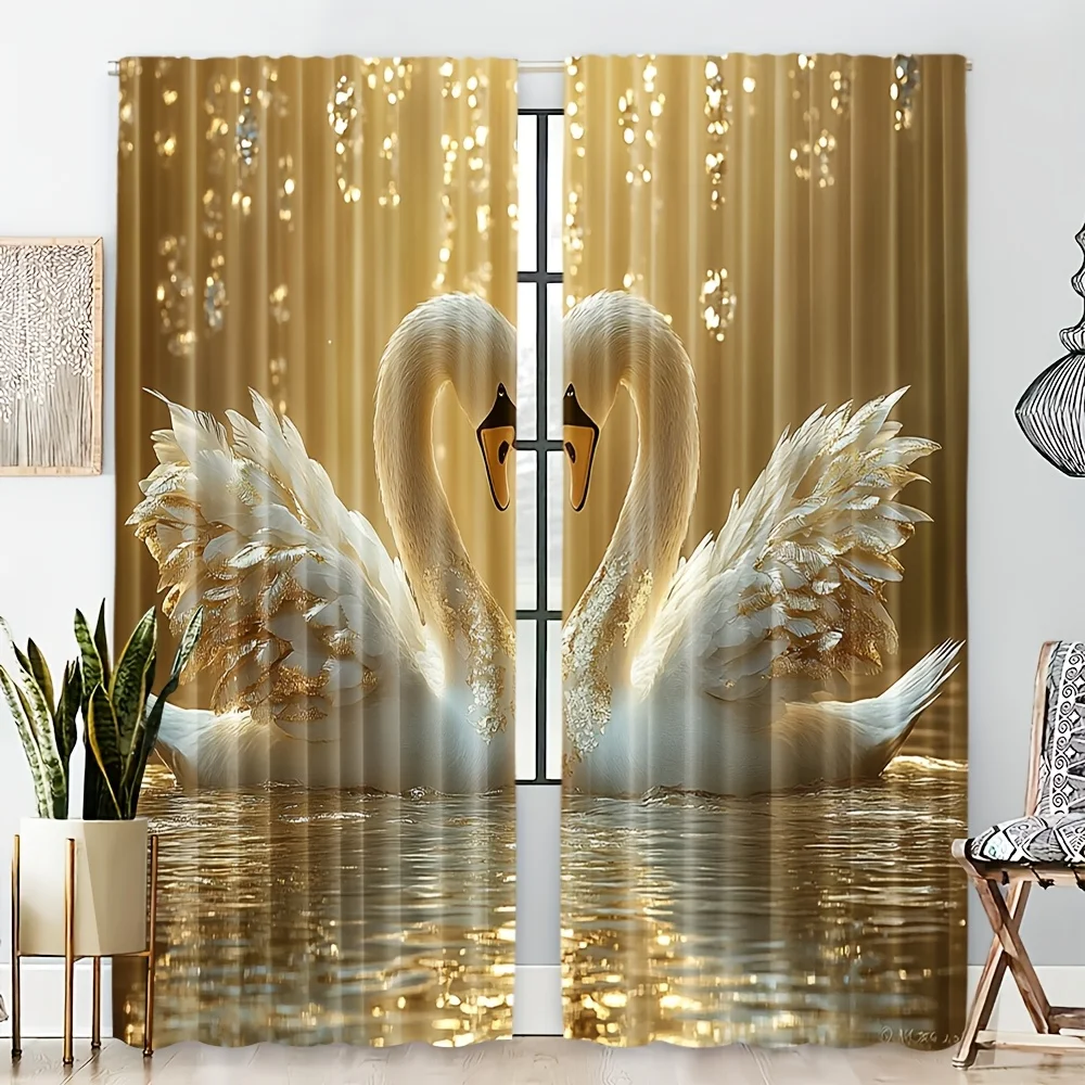 2D FLAT 2pcs Curtains Golden Swans Reflecting Water Light Perfect for Balcony, Bedroom, Study, Living Room, Suitable for Spring