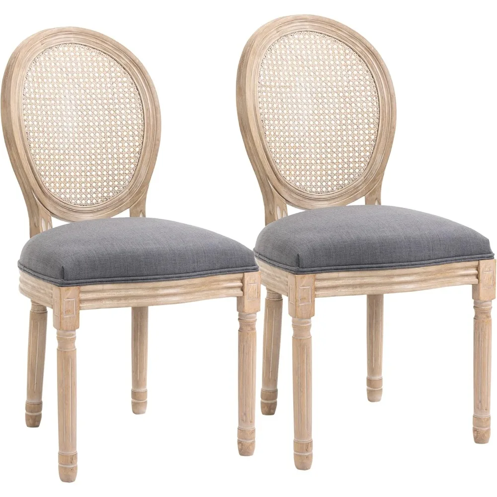 

French-Style Upholstered Dining Chair Set, Armless Accent Side Chairs with Rattan Backrest and Linen-Touch Upholstery, Set of 2