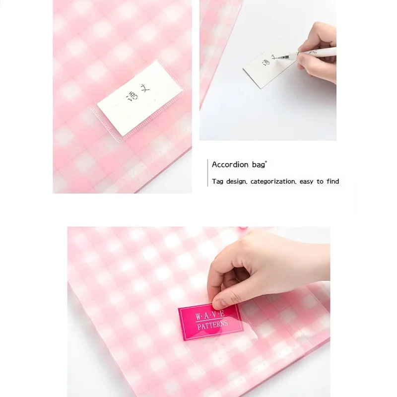 New Pp Pink Grids File Folders Multi-Layer Waterproof Button Document Organizer Cute 4pcs A4 Organ Bags Back To School