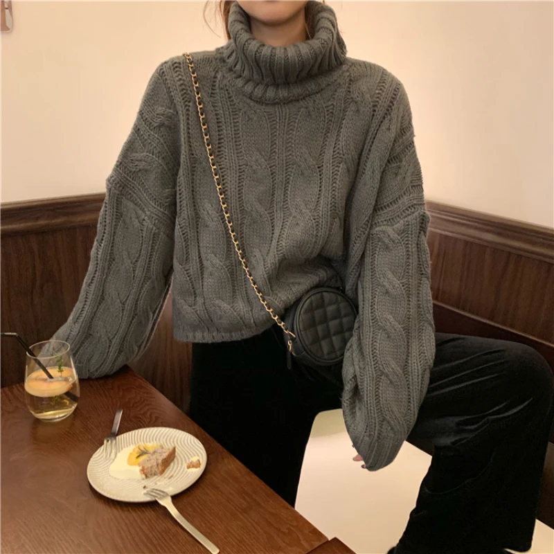 Twisted Women Crop Sweaters Turtleneck Thick Fashion Knitted Jumper Casual Long Sleeve Loose Pullover Oversize Short Coats