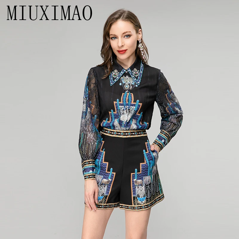 MIUXIMAO-Conjunto elegante de primavera y verano para mujer, camisa de manga larga con estampado de solapa y pantalón corto, moda de dos piezas, 2023