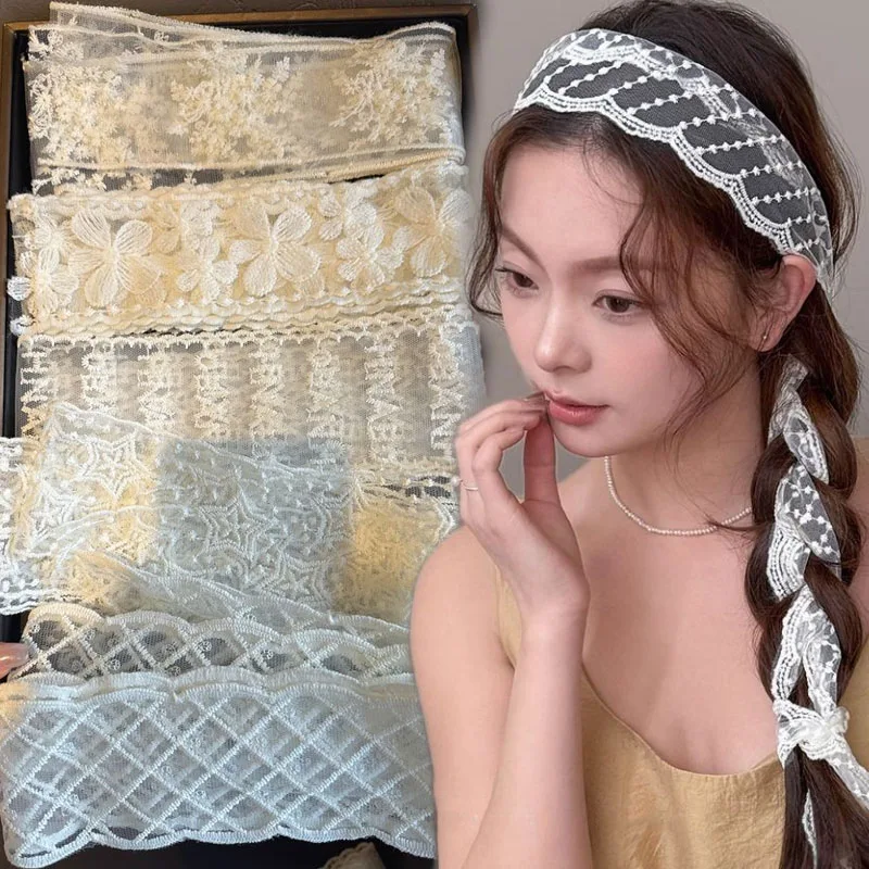 

New Long White Lace Scarf Hairbands Solid Color Floral Embroidered Ribbon Hollow Out Necklace Women Hair Tie Summer Headwear