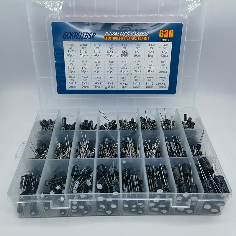 

24Value 630pcs Aluminum Electrolytic Capacitor Assortment Box Kit Range 0.1uF－1000uF
