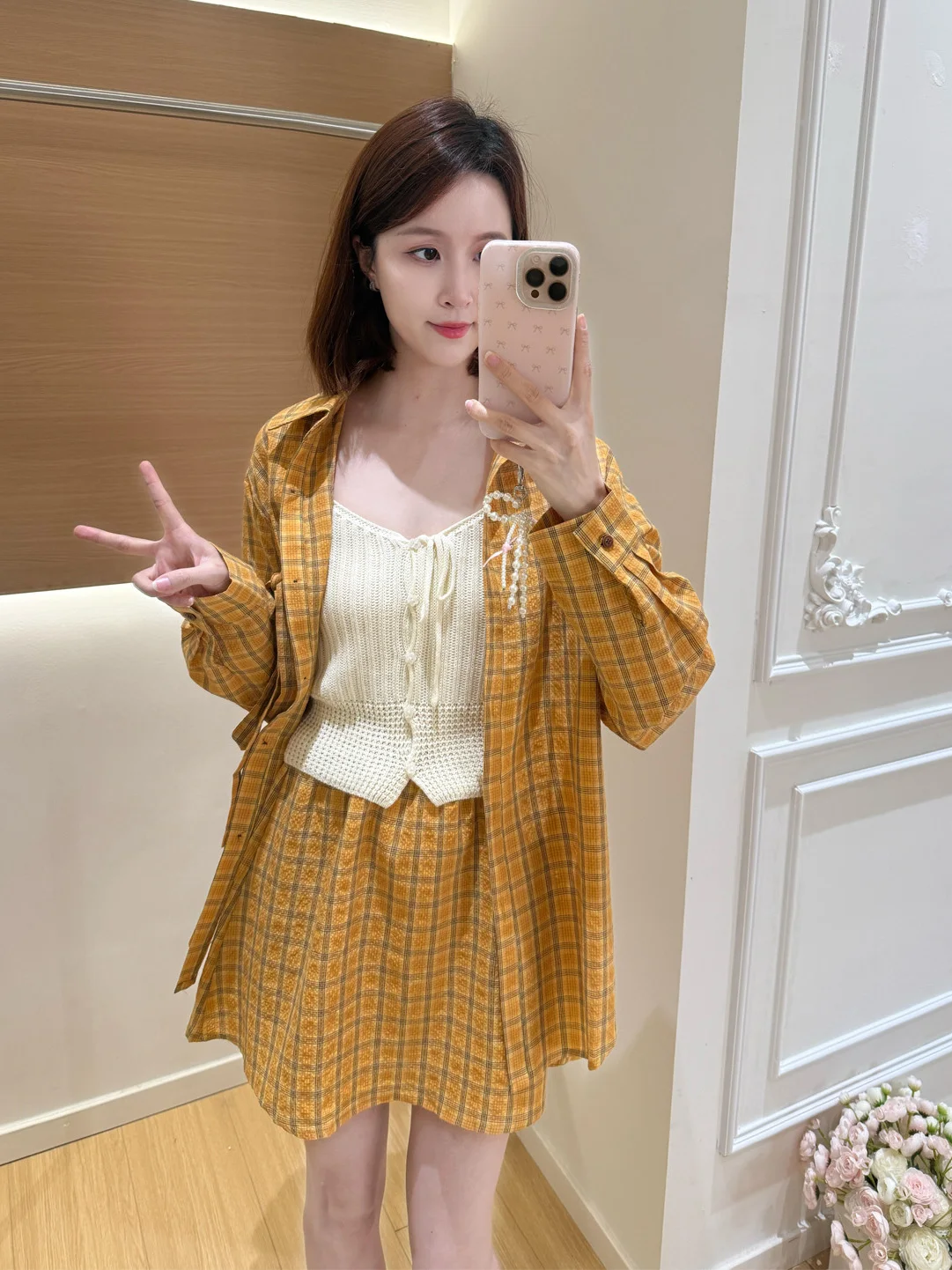 

Fashionable Comfortable Plaid Shirt Women's Spring Summer New Slimming Skirt Beautiful Set Trendy High Waist Knot