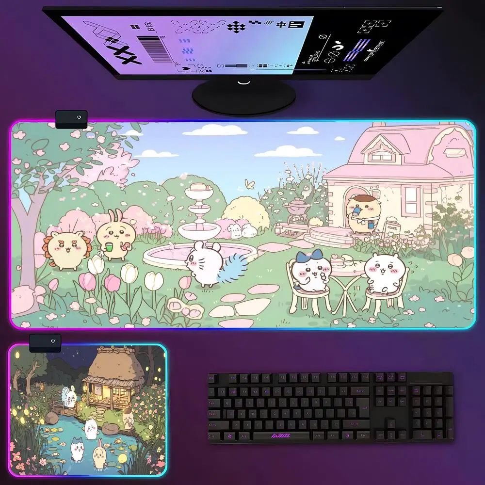 

Милый коврик для мыши MINISO-comics Chiikawas, RGB светящийся, 900X400 мм, большой настольный коврик, нескользящий, очень большой игровой офисный коврик для мыши