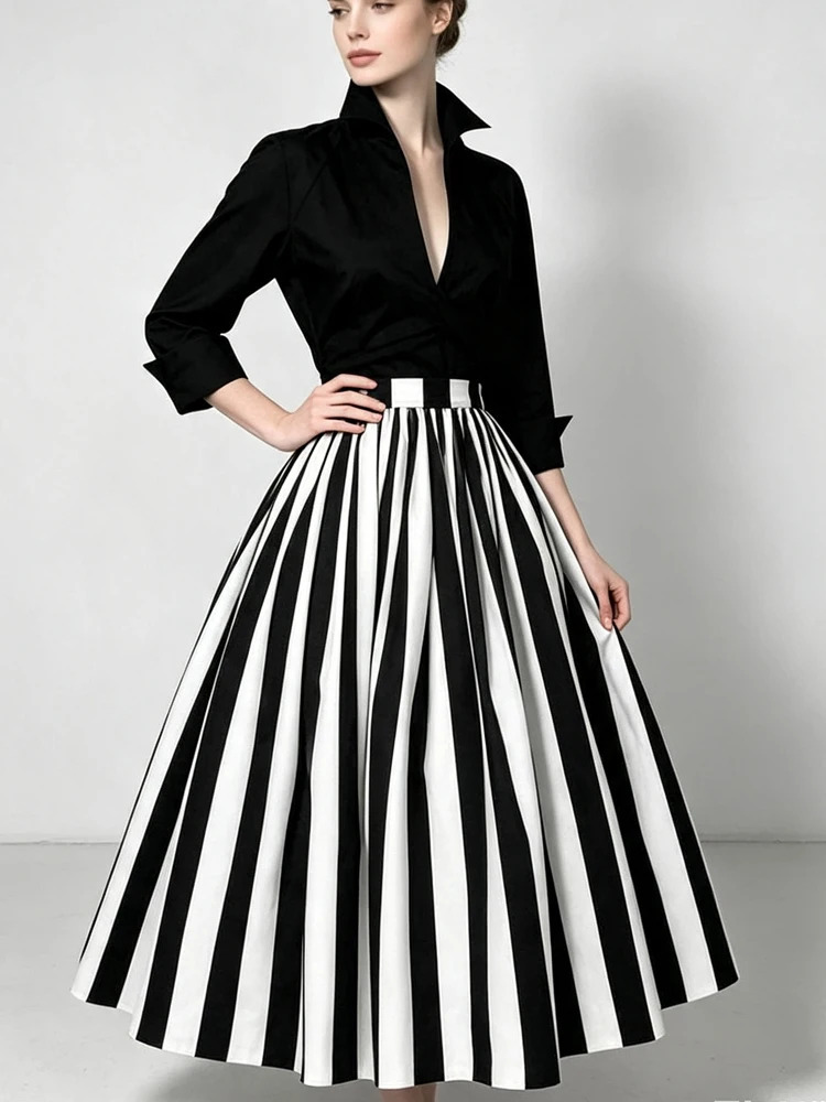 Women's Midi Dress Black Lapel Long Sleeve Fitted Bodice Black White High Waist Pleated Swing A Line Elegant Formal Dress