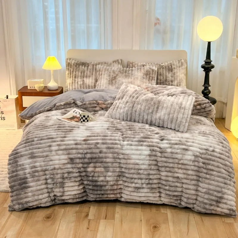 Light luxury thickened rabbit velvet milk velvet four-piece winter warm quilt cover bed sheet bedding