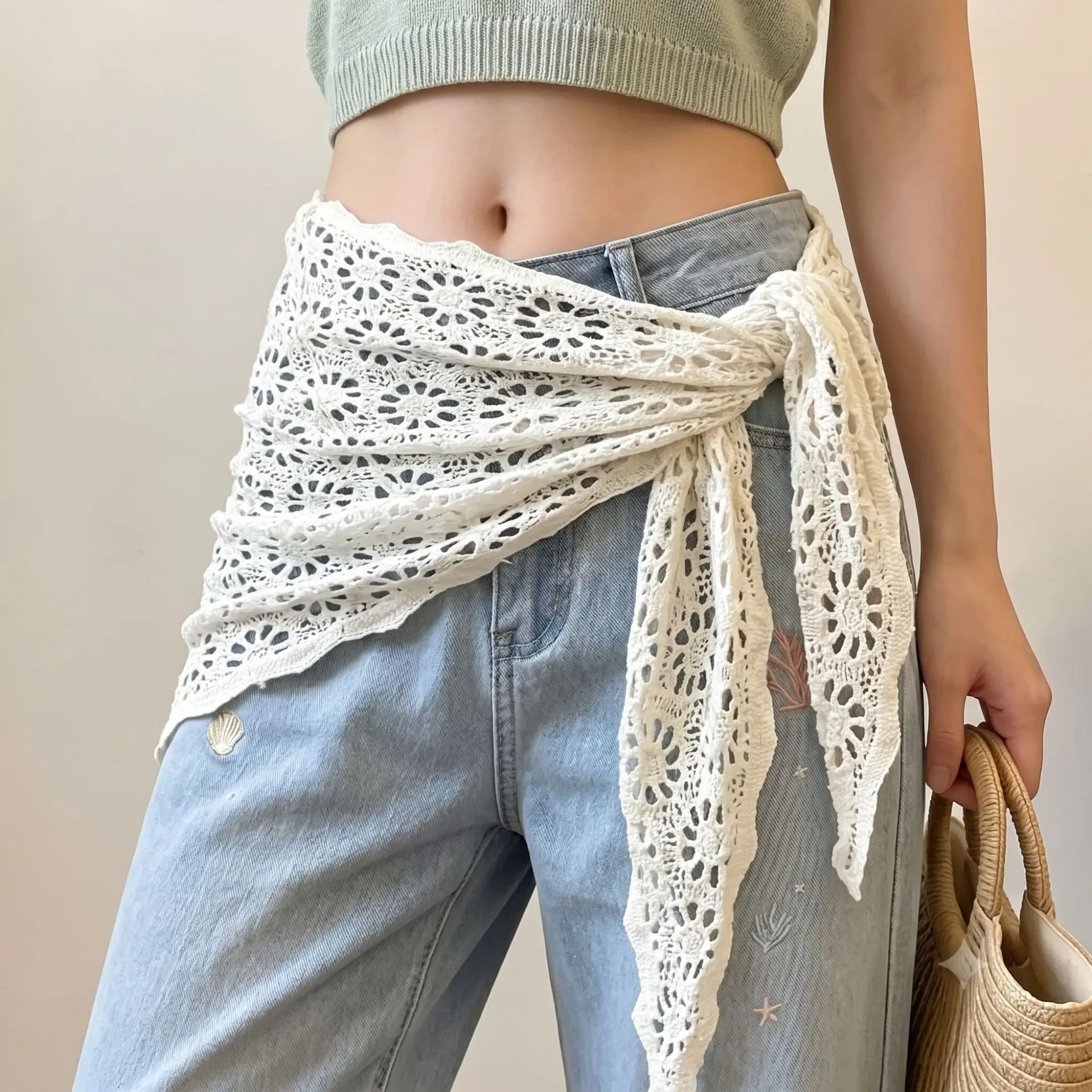 Lace Crochet Triangle Belt Tie Waist Apron Hip Cover Slenderizing Layered Style Lightweight Breathable Daily Wear Accessory