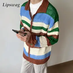 Fashionable Striped Knitted Cardigan Mens Autumn Long Sleeve Buttoned Lapel Sweater Shirt Men Vintage Patchwork Hollow Out Tops