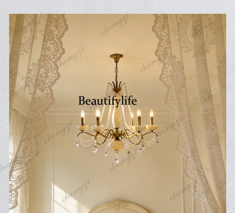 French retro all-copper ceramic bedroom dining room living room pastoral chandelier American warm lamp