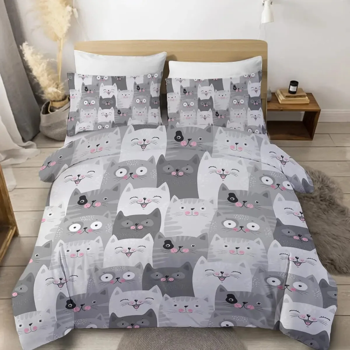 

Cats Duvet Cover Set,Grey and White Cats Bedding Set Cartoon Cats Comforter Set,Girls Kawaii Cat Quilt Cover Set Full King Size