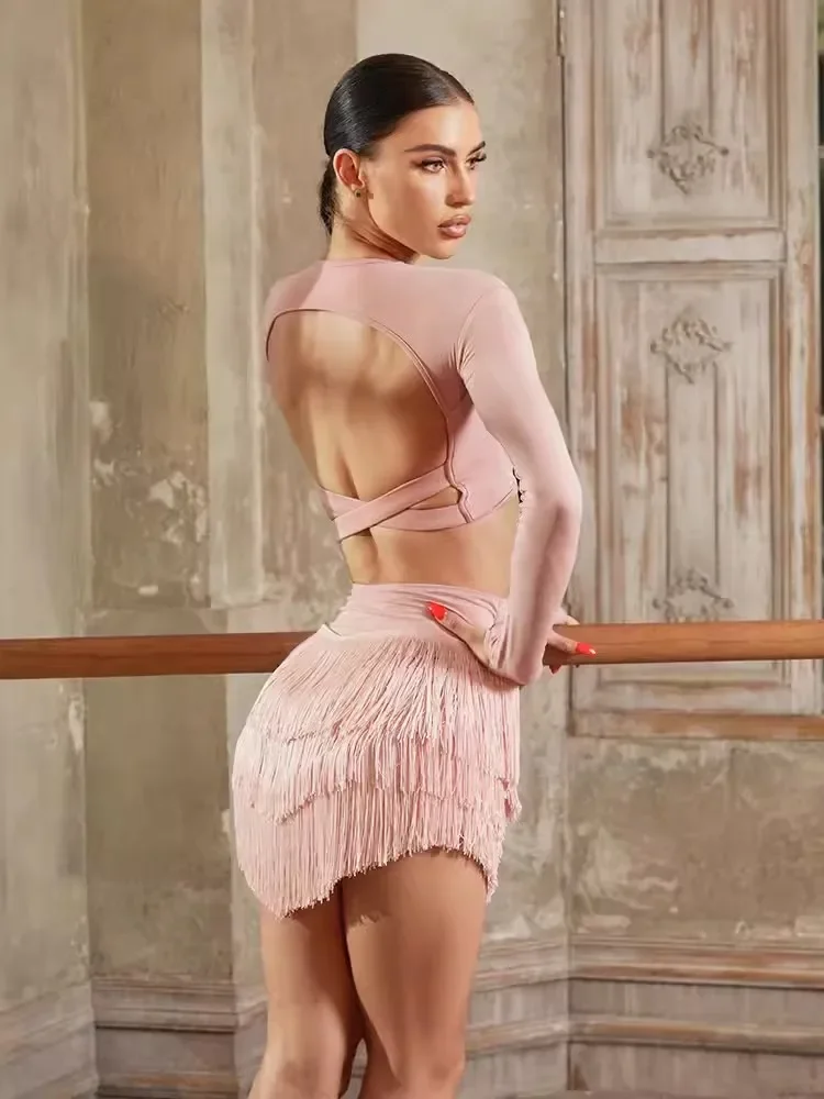ZYM Latin Dance Top แขนยาว Mini Latin เต้นรําสวมใส่ V คอสีดําสีชมพูสีน้ําตาล ZYMdancestyle # 24066