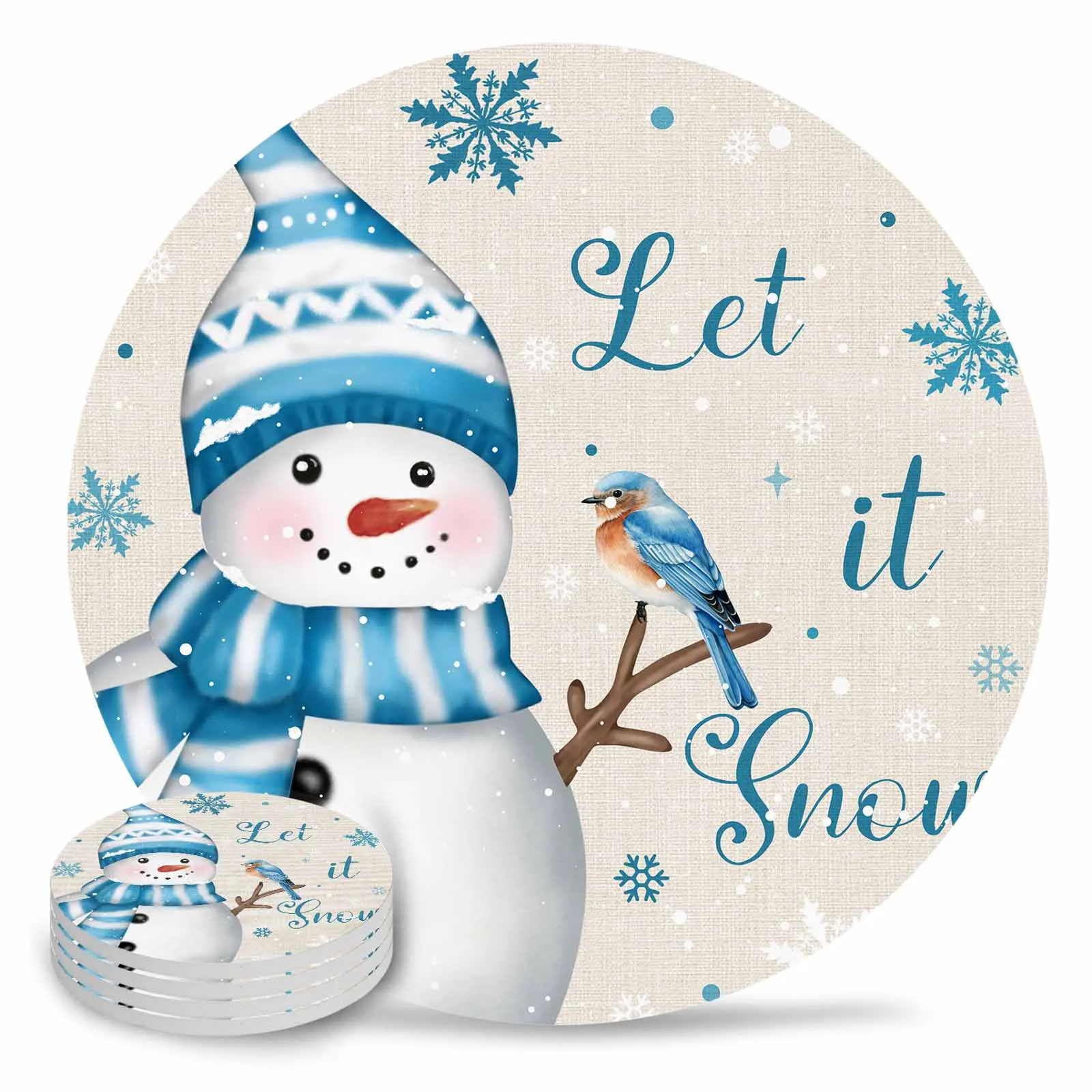 Christmas Snowman Snowflake Mockingbird Round Coaster Coffee Table Mats Kitchen Accessories Absorbent Ceramic Coasters