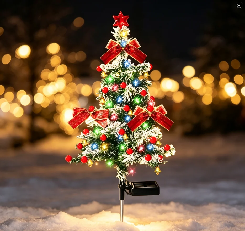 Christmas Cedar Tree Solar Lights Multicolor LED Outdoor Garden Stake Lamp with Snowy Branches and Red Bow Holiday Decor