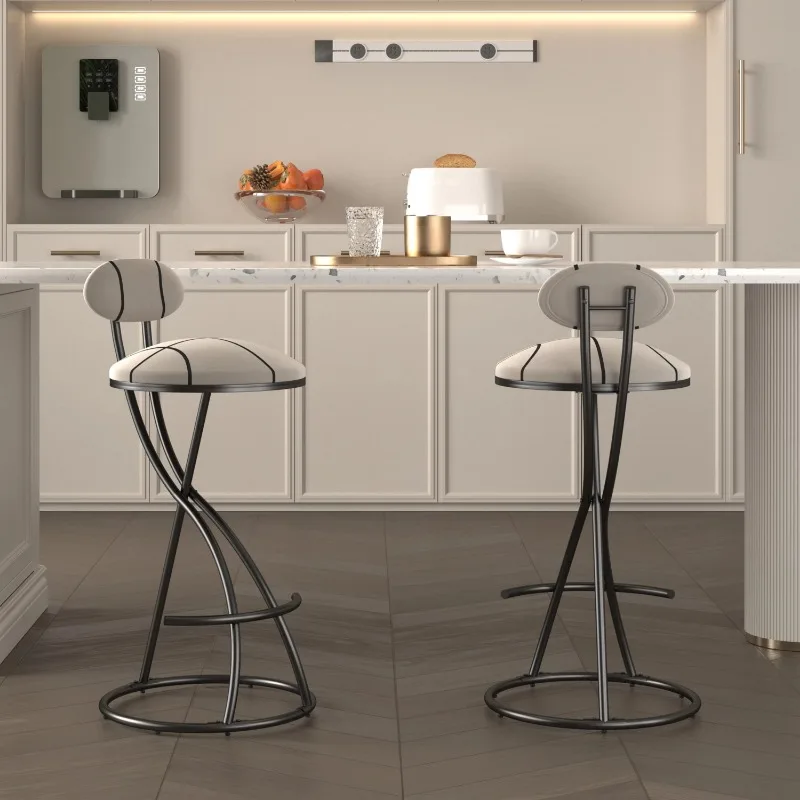 Padded Metal Bar Stool Set 2 Pieces Striped Modern Velvet Dining Chair (Black Stripes)