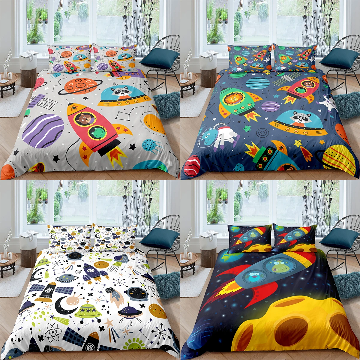 

Home Textiles Luxury Cartoon Rocket Duvet Cover Set Pillowcase Spaceship Bedding Set Queen and King Size Comforter Bedding Set