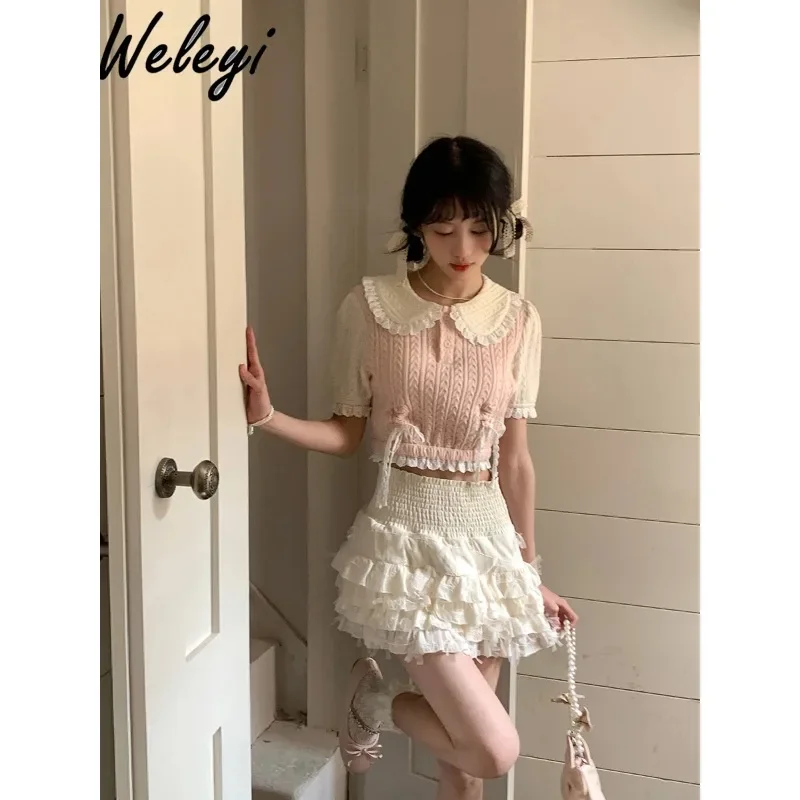 

Women's Contrast Color Doll Collar Sweater Japanese Thin Sweet and Spicy Style Small Lace Stitching Short Sleeve Plait Pullovers