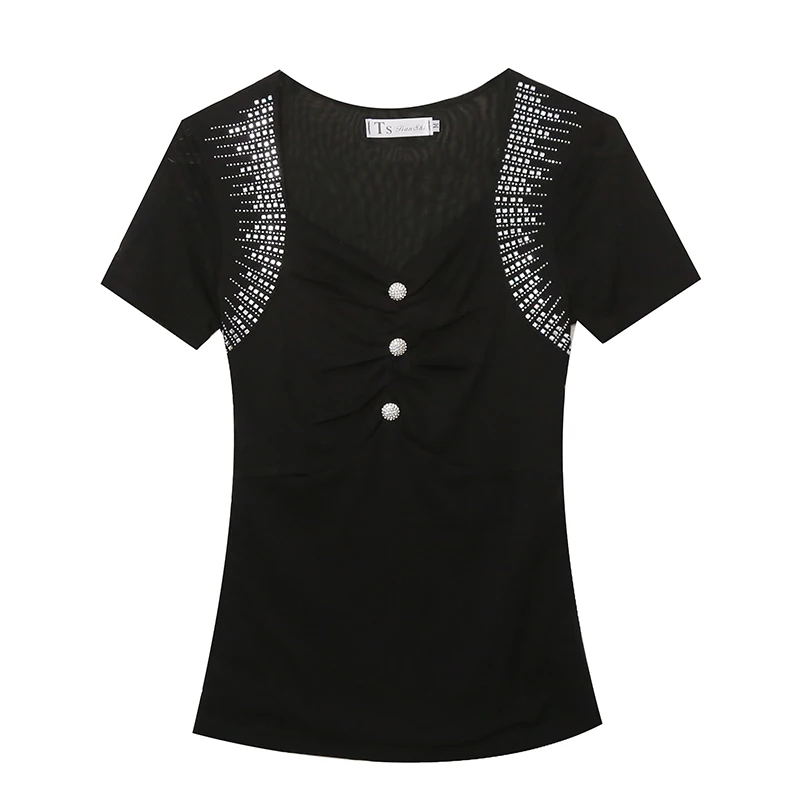 Black Summer Korean Style Mesh T-Shirt Chic Sexy Button Shiny Diamonds Women Tops Short Sleeve Casual Hand Made Tees New 43312