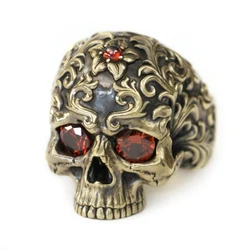 Red CZ Eyes Tang Dynasty Engraving Pattern Brass Skull Ring BR439 US Size 8~15