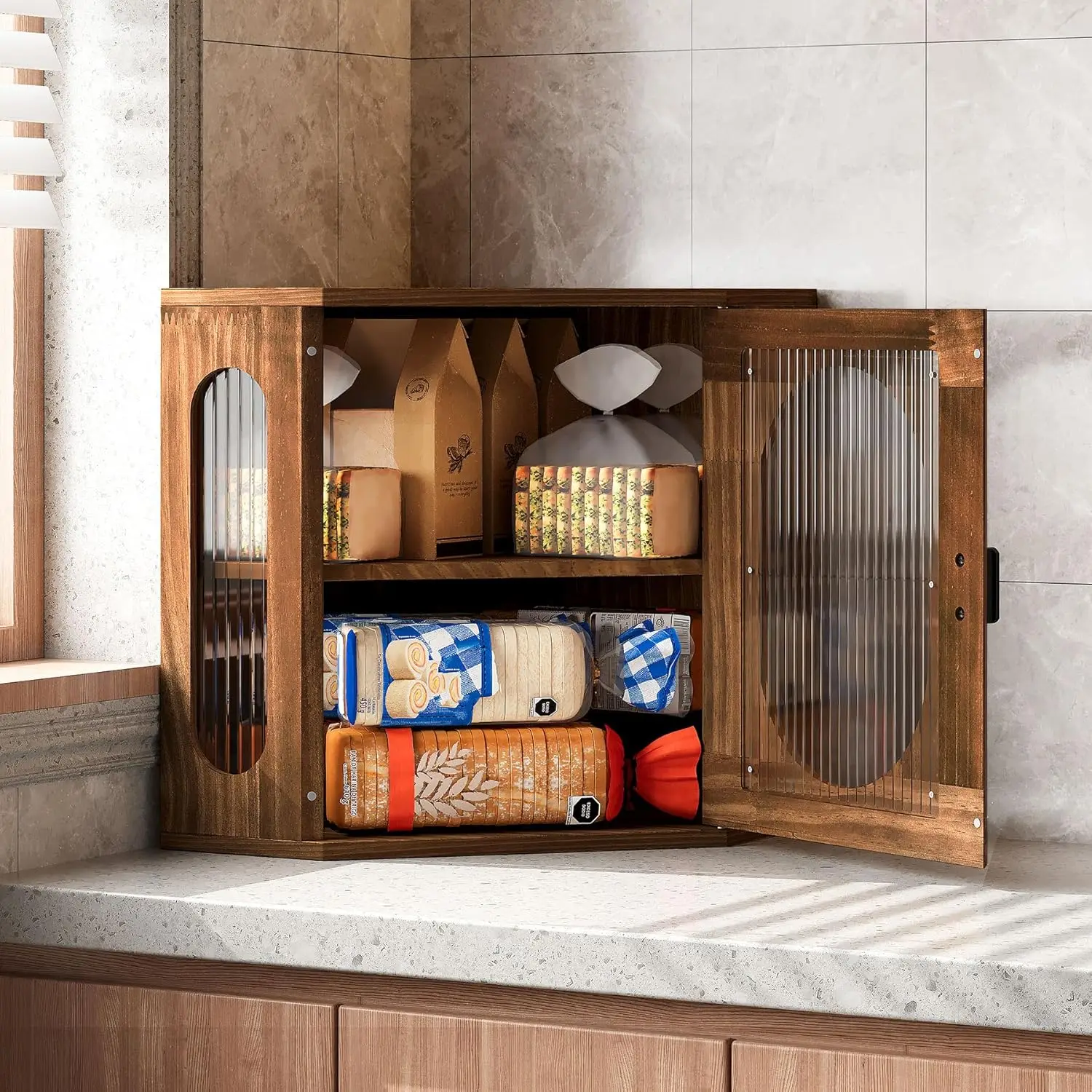 

Большая угловая коробка для хлеба, двухслойная регулируемая коробка для хранения из цельного дерева, винтажный кухонный органайзер с акриловым окном